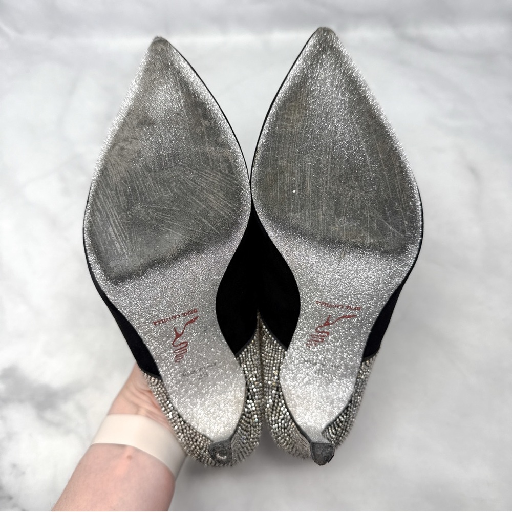 Rene Caovilla Strass Embellished Suede Pointed Toe Open Back Ankle Bootie Heels - Picture 13 of 16